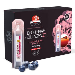 Dr. Ohhira Collagen+ box with a 20 ml bottle and blueberries