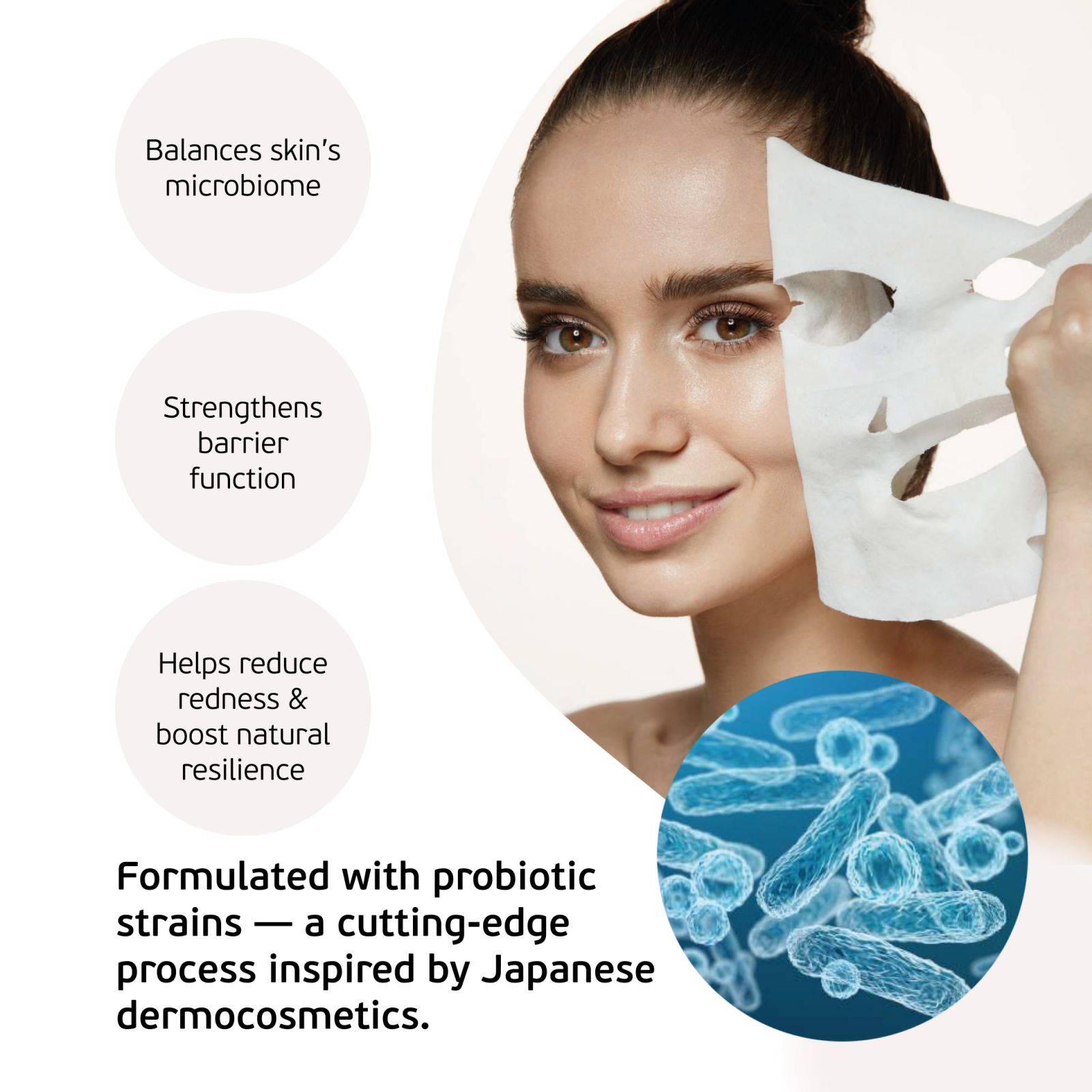 A woman lifting off a sheet mask, with the brand's notes on probiotics and the skin barrier