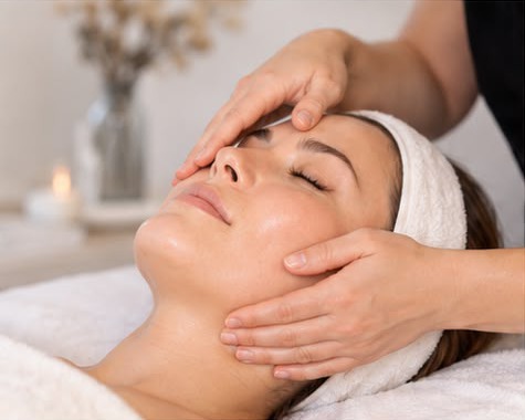 Marcela with one hand on a client's forehead and the other on her cheek