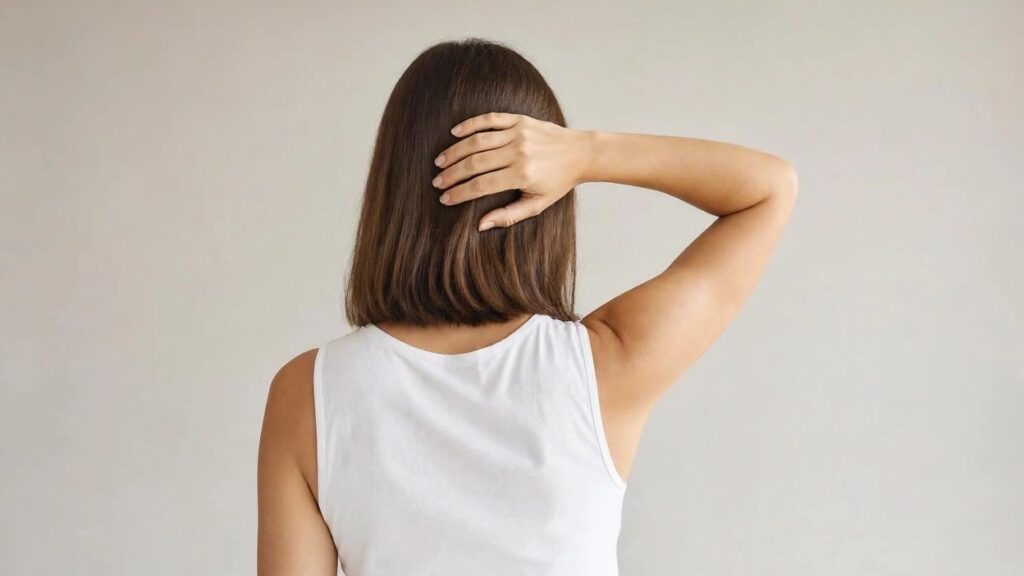 A woman seen from behind in a white sleeveless top, one hand resting on the back of her head